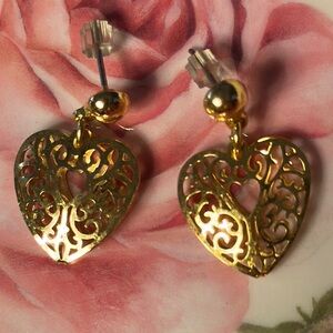 Sweet Gold Filigree Metal Puffy Heart Pierced Earrings - 1” Drop